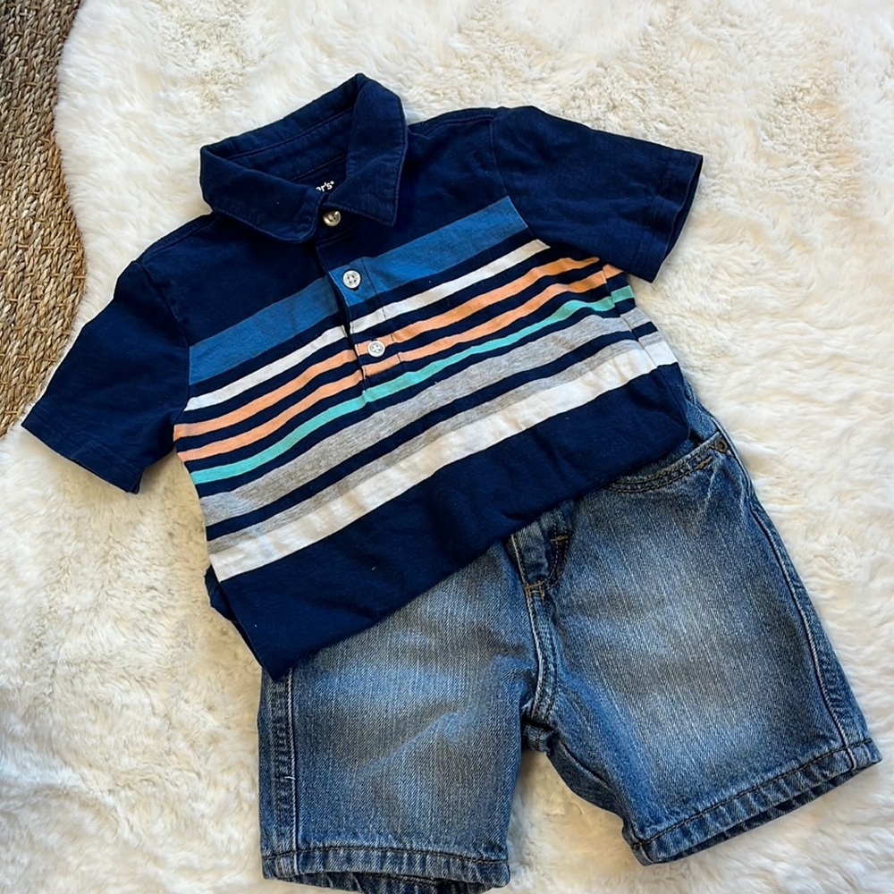 Boys 2T Summer Outfit Blue Striped Button Up Polo and Wrangler Jean Shorts